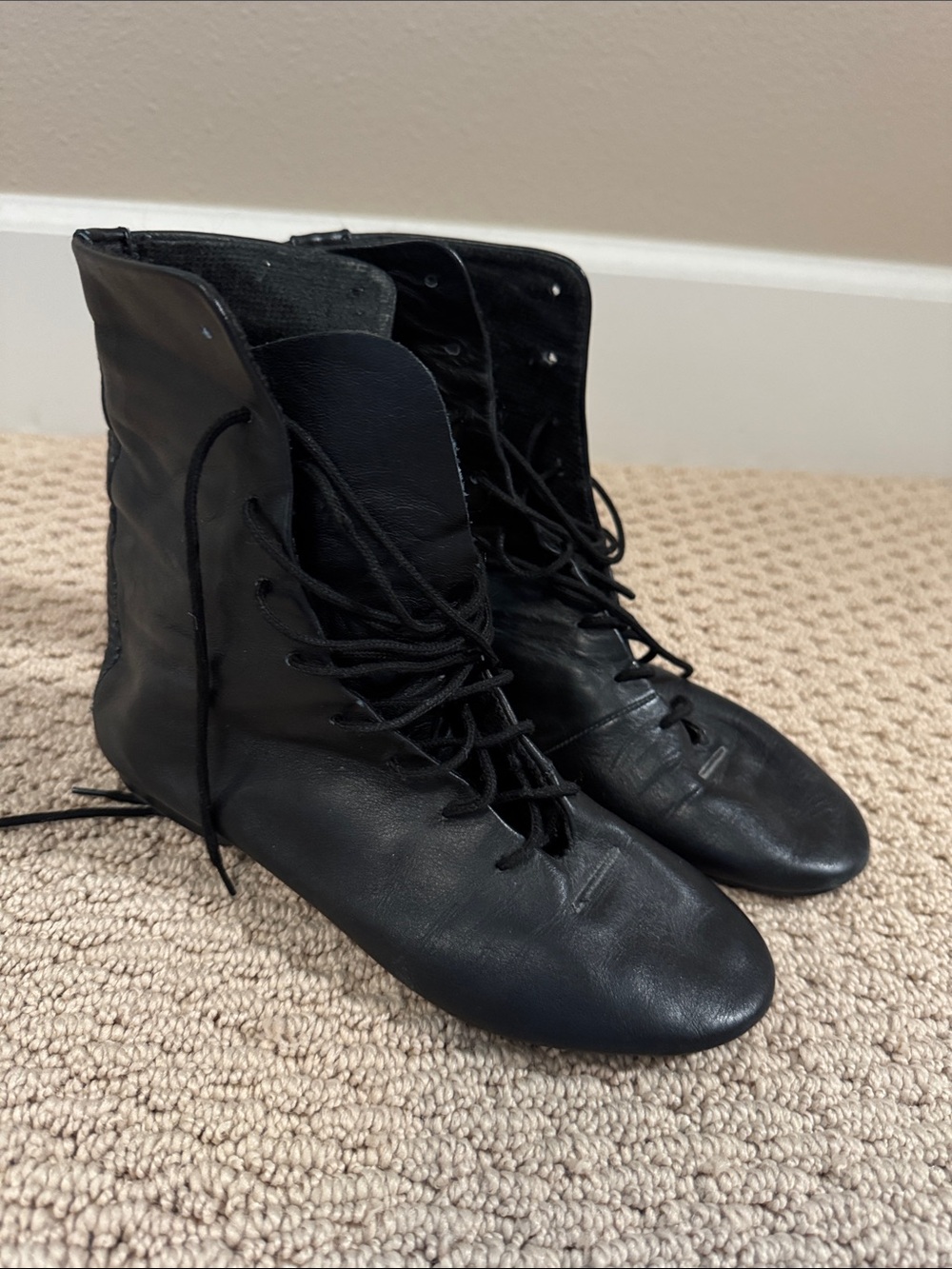 Black Lace-Up Leather Ankle Dance Boots